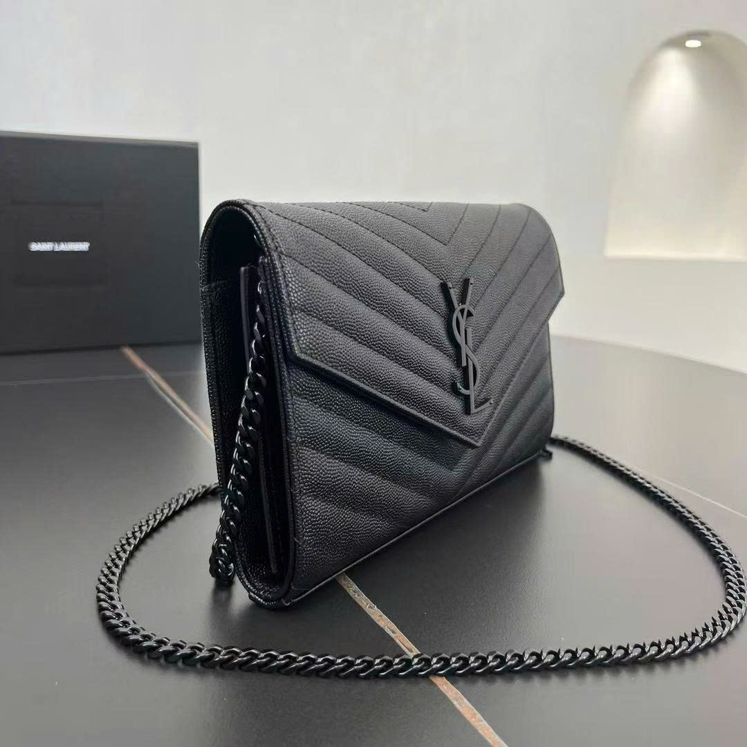 YSL Cassandre Envelope Wallet on Chain All Black Grained Calfskin