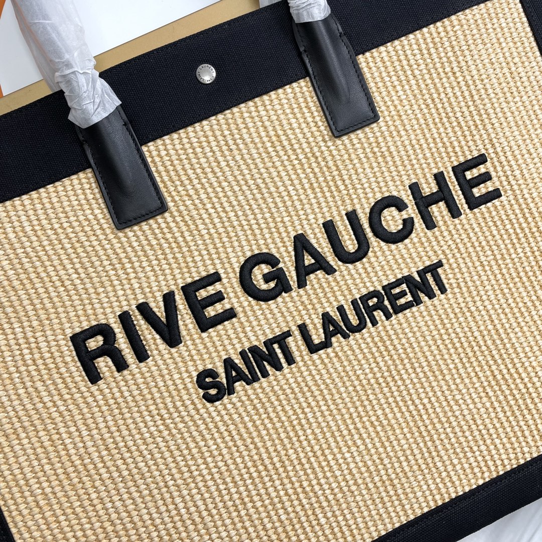 Rive Gauche Tote Black Beige Canvas Leather Trim 286021