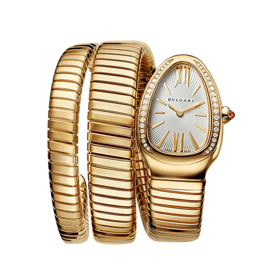 Bulgari Serpenti 35mm Tubogas 18k Yellow Gold Diamonds Silver Dial