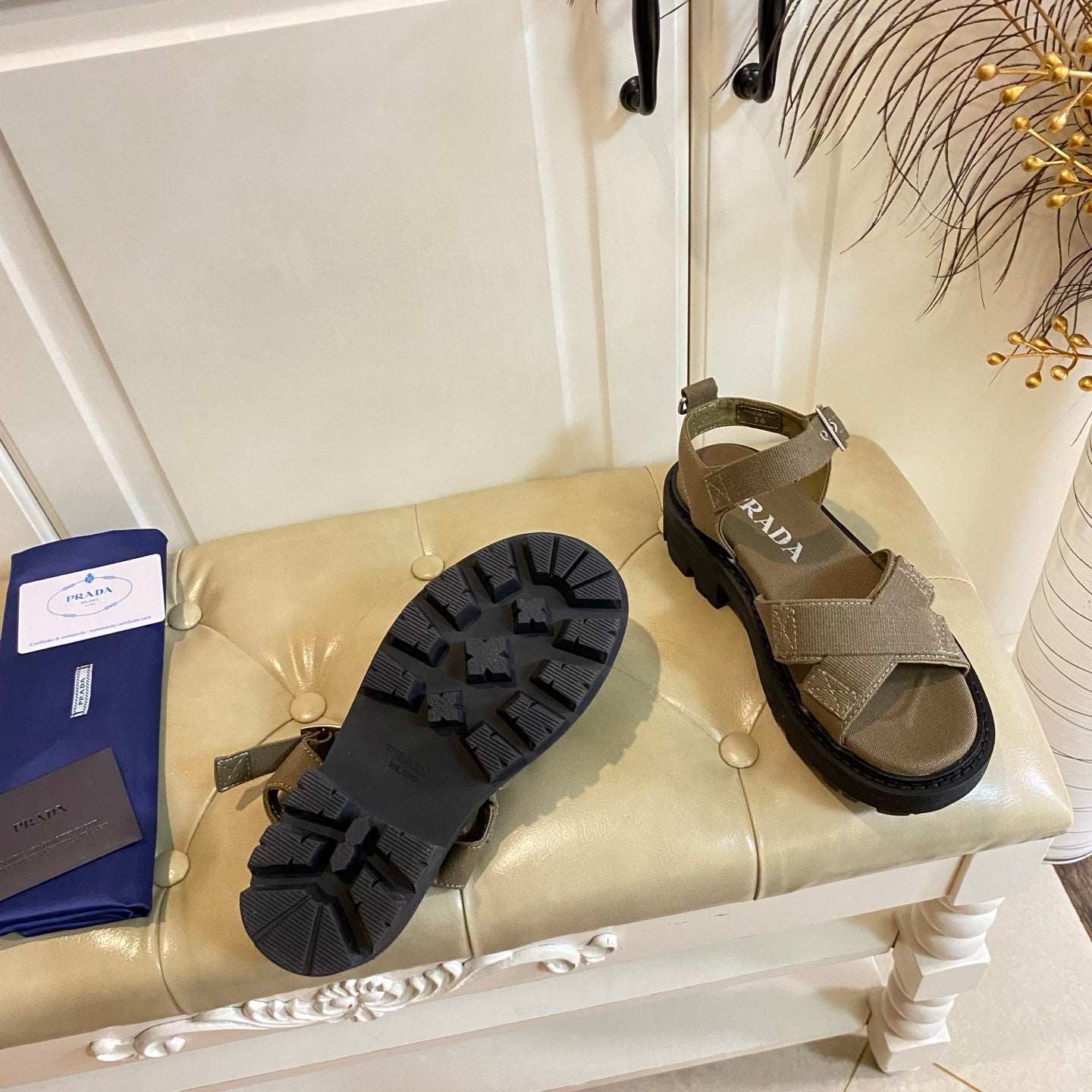 Prada Criss-Cross Sandal Military Green Canvas 687804