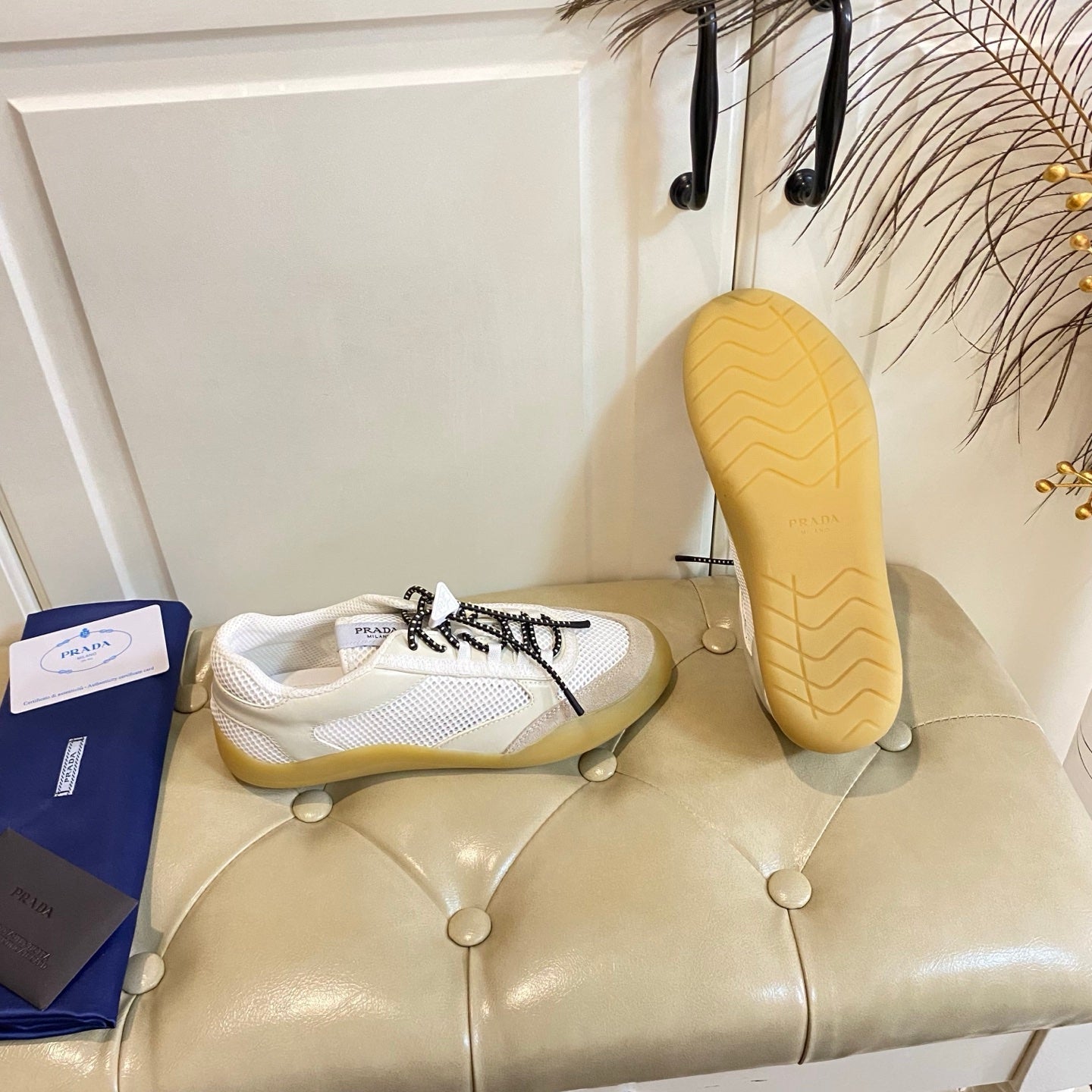 Prada 26s Lace Up Sneakers Chunky Sole In White Tech Fabric And Mesh