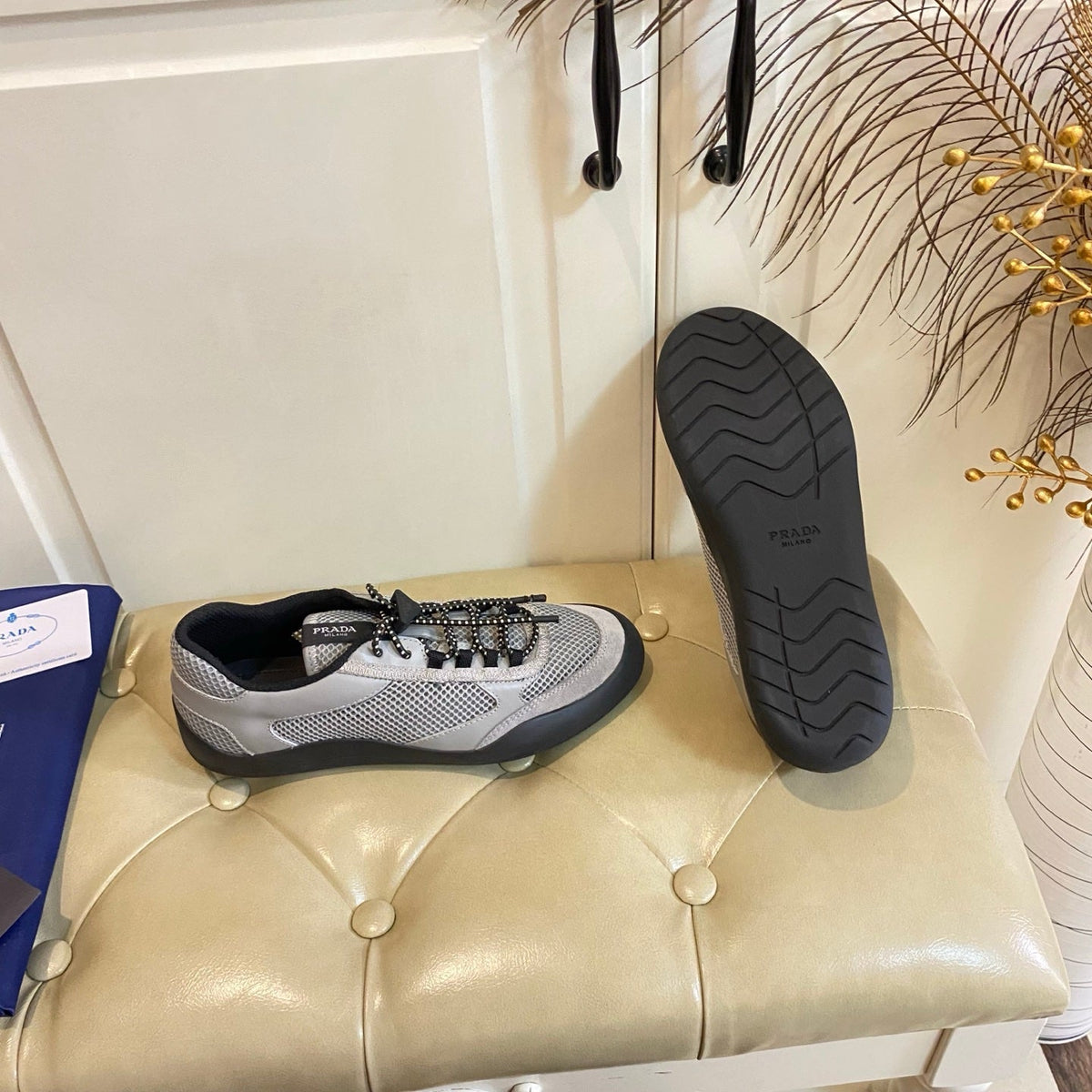 Prada 26s Lace Up Sneakers Chunky Sole In Grey Tech Fabric And Mesh