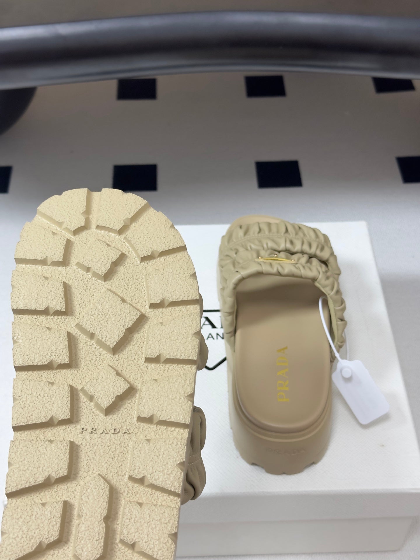 Prada 26s Flatform Slides Beige Matelassé Leather 834768