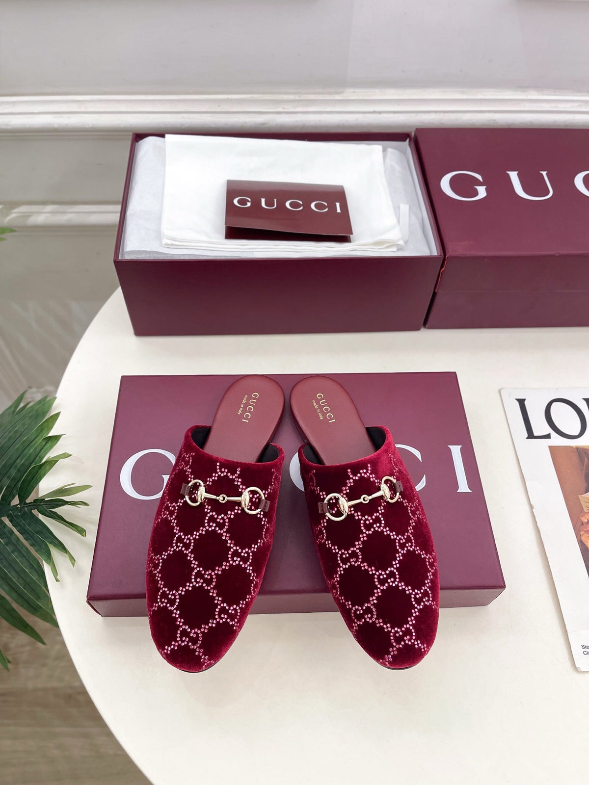 GG 26 Horsebit Flat Mules Rhinestones Red Velvet 587081