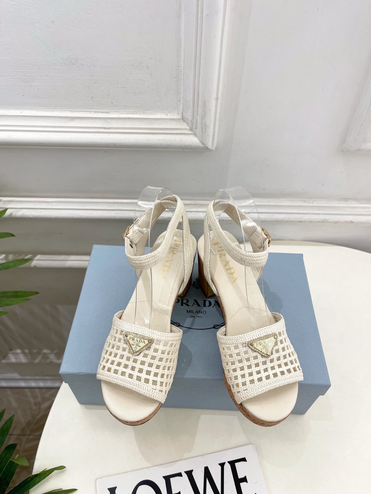 Prada Crochet Cork Platform Sandals 7cm White Crochet 947376
