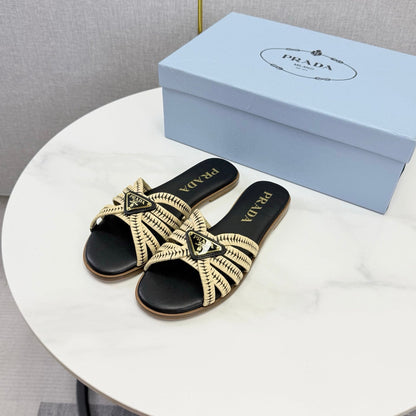 Prad 26ss Logo Slides Black Cream Cowhide Leather 904586
