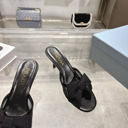 Prad Bow-Detail Kitten Heel Mules 7.5CM Black Leather 951941