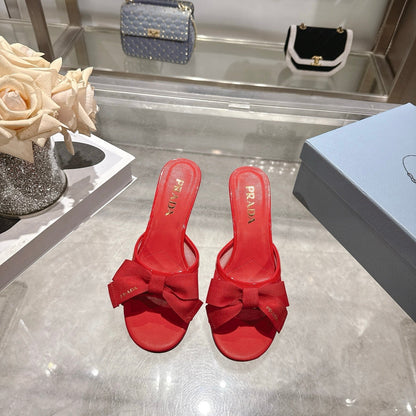 Prad Bow-Detail Kitten Heel Mules 7.5CM Red Leather 951939