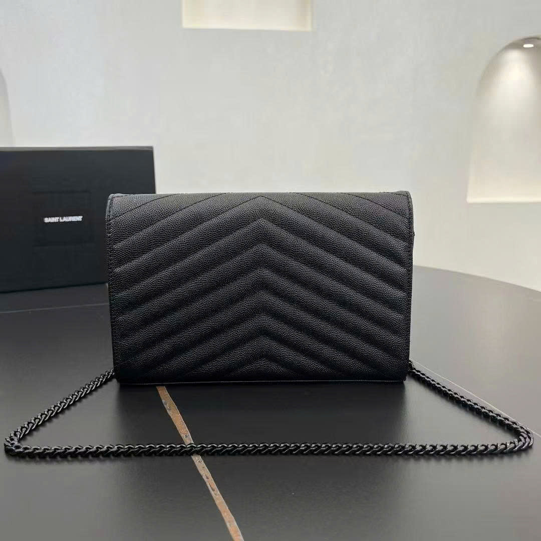 YSL Cassandre Envelope Wallet on Chain All Black Grained Calfskin