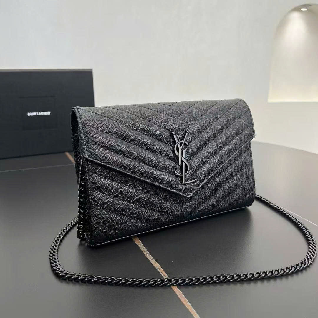 YSL Cassandre Envelope Wallet on Chain All Black Grained Calfskin