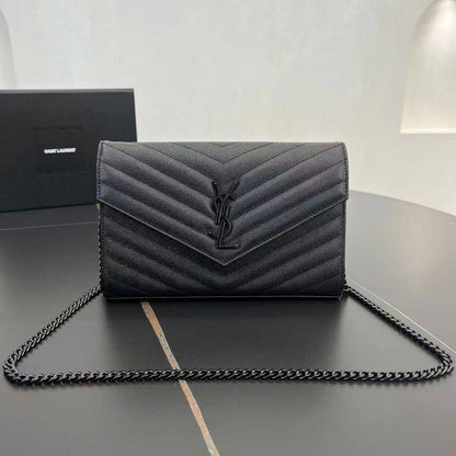 YSL Cassandre Envelope Wallet on Chain All Black Grained Calfskin