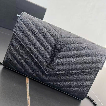 YSL Cassandre Envelope Wallet on Chain All Black Grained Calfskin