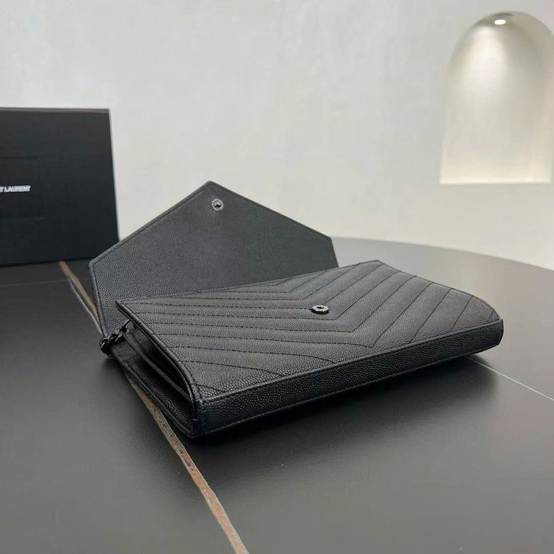 YSL Cassandre Envelope Wallet on Chain All Black Grained Calfskin