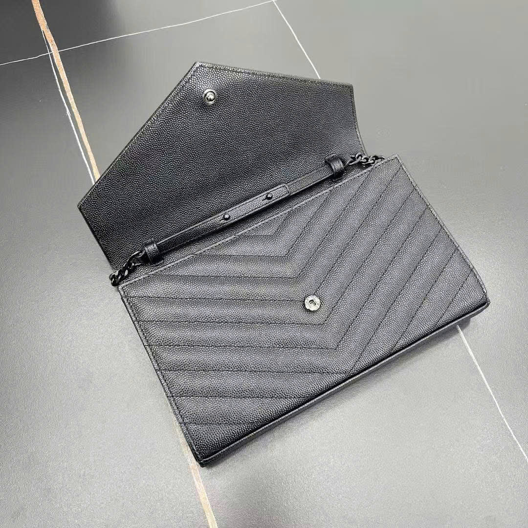 YSL Cassandre Envelope Wallet on Chain All Black Grained Calfskin