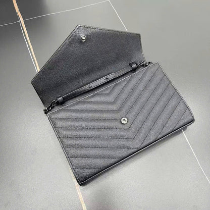 YSL Cassandre Envelope Wallet on Chain All Black Grained Calfskin