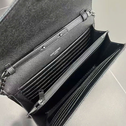 YSL Cassandre Envelope Wallet on Chain All Black Grained Calfskin