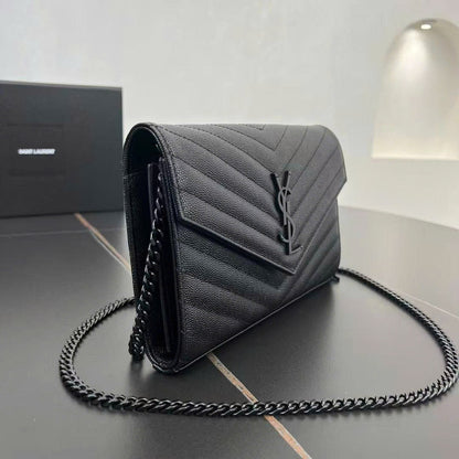 YSL Cassandre Envelope Wallet on Chain All Black Grained Calfskin