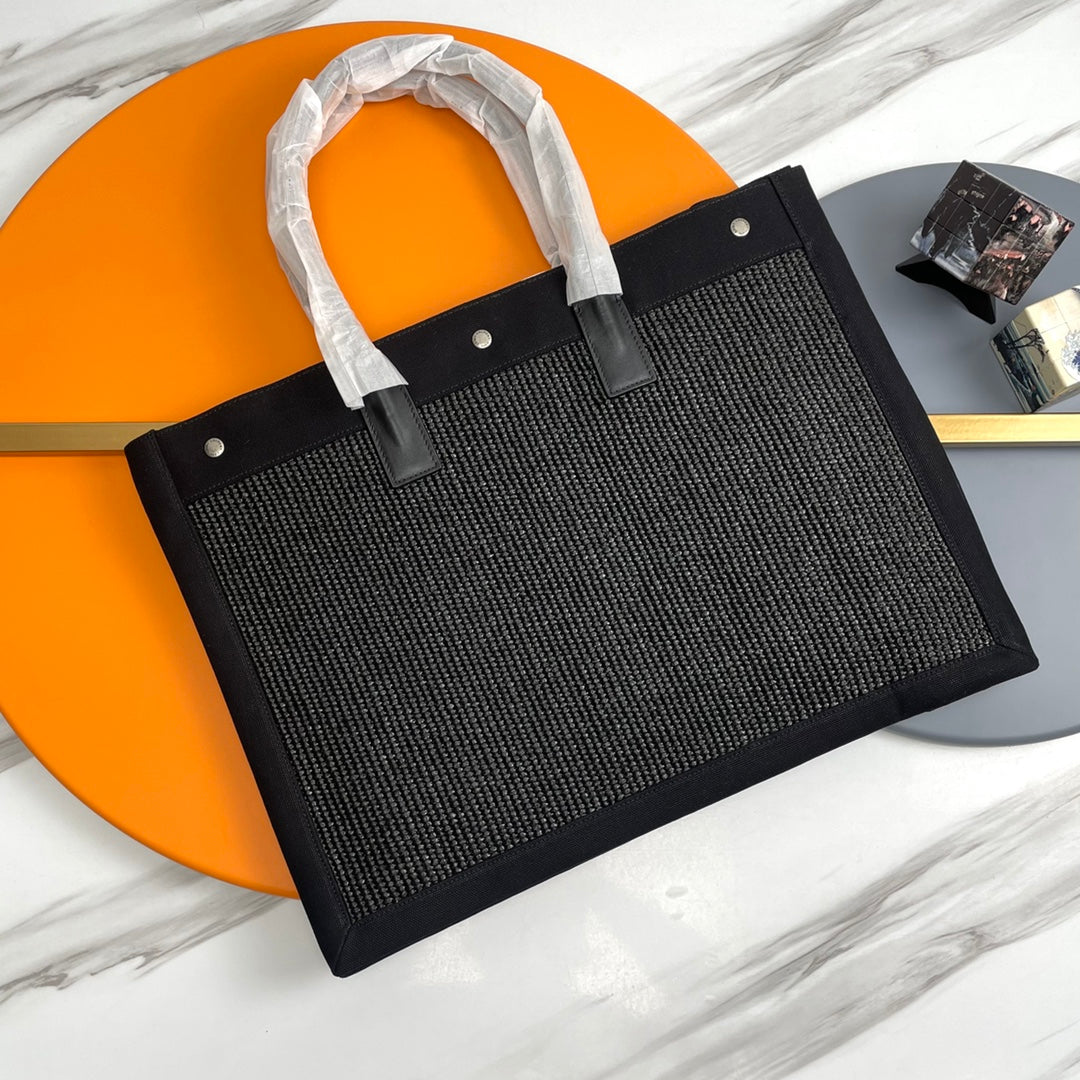 Rive Gauche Tote Black Canvas Leather Trim 286018