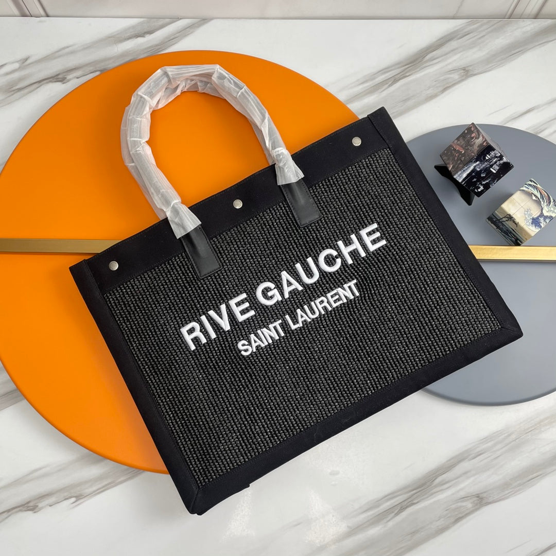 Rive Gauche Tote Black Canvas Leather Trim 286018