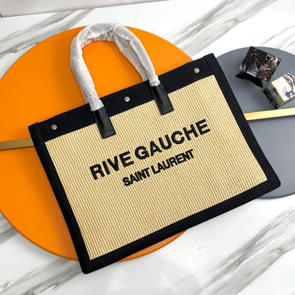 Rive Gauche Tote Black Beige Canvas Leather Trim 286021