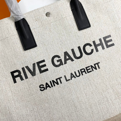 Rive Gauche Tote Black Ivory Canvas Leather Trim 286027