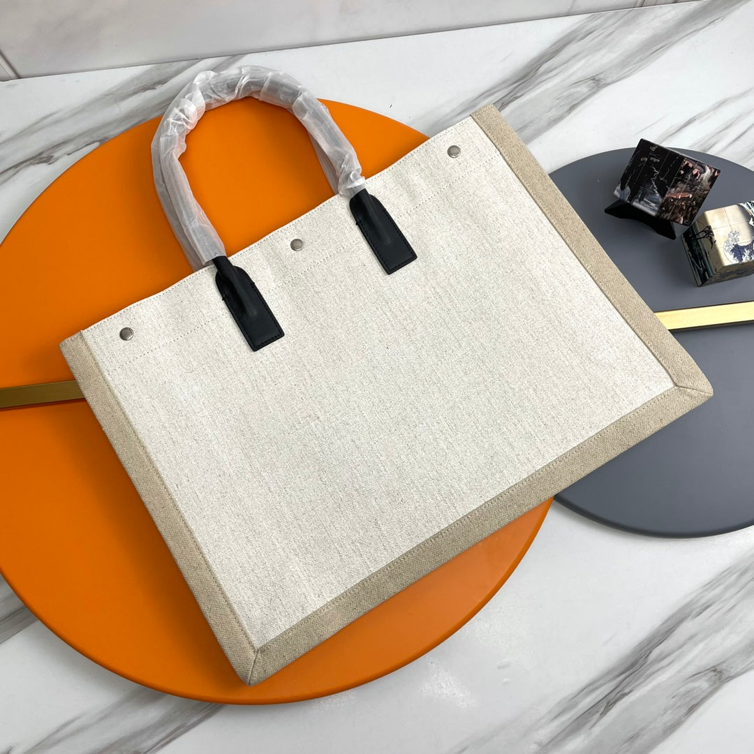 Rive Gauche Tote Black Ivory Canvas Leather Trim 286027