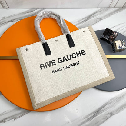 Rive Gauche Tote Black Ivory Canvas Leather Trim 286027