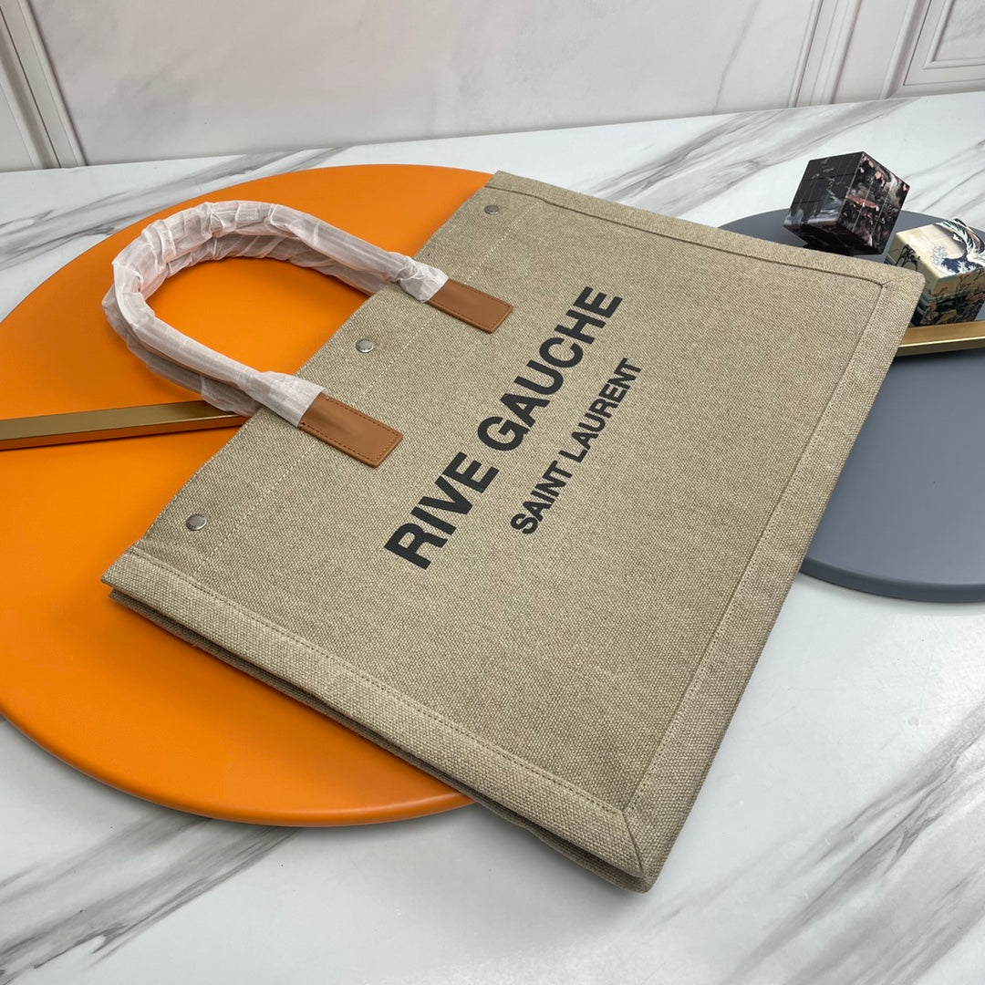 Rive Gauche Tote Brown Taupe Canvas Leather Trim 286030