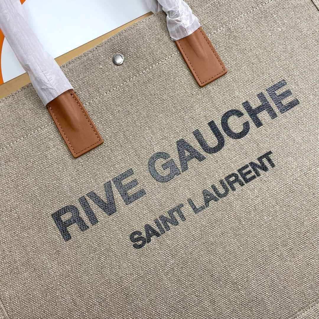 Rive Gauche Tote Brown Taupe Canvas Leather Trim 286030