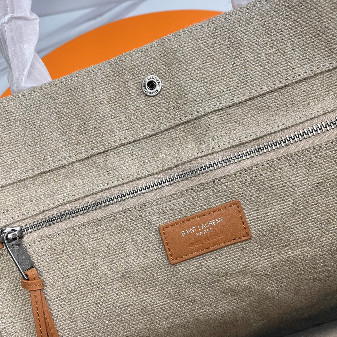 Rive Gauche Tote Brown Taupe Canvas Leather Trim 286030