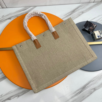 Rive Gauche Tote Brown Taupe Canvas Leather Trim 286030