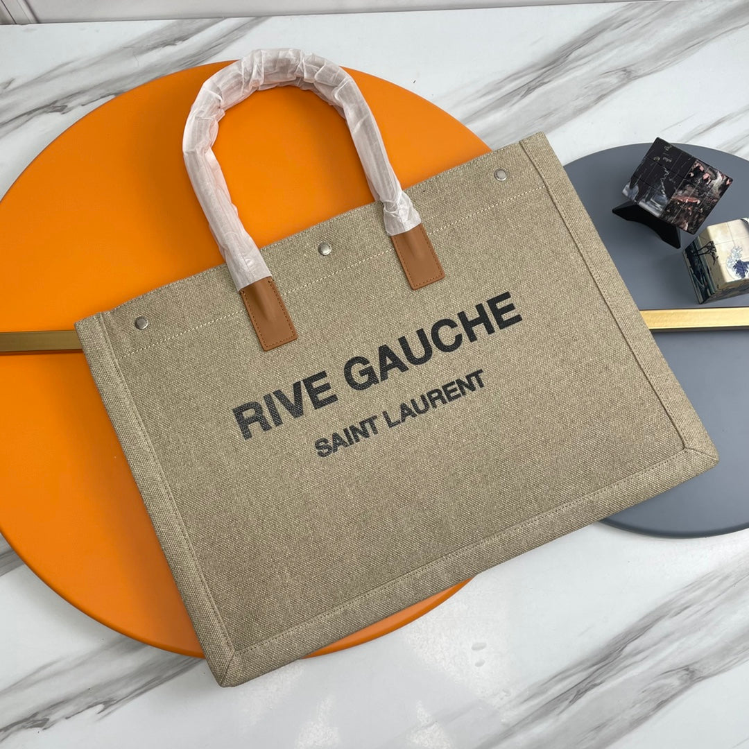 Rive Gauche Tote Brown Taupe Canvas Leather Trim 286030