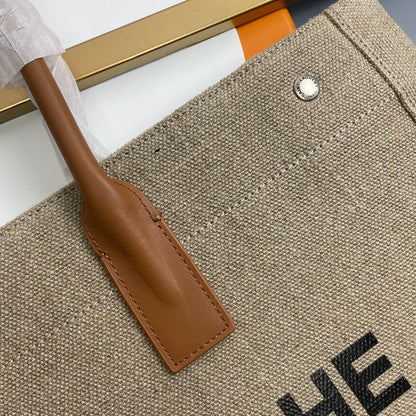 Rive Gauche Tote Brown Taupe Canvas Leather Trim 286030