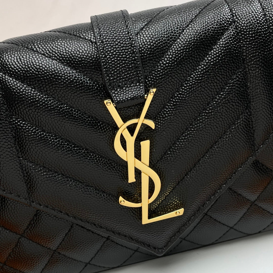 YSL Envelope Small Bag 21cm Black Embossed Leather 285980