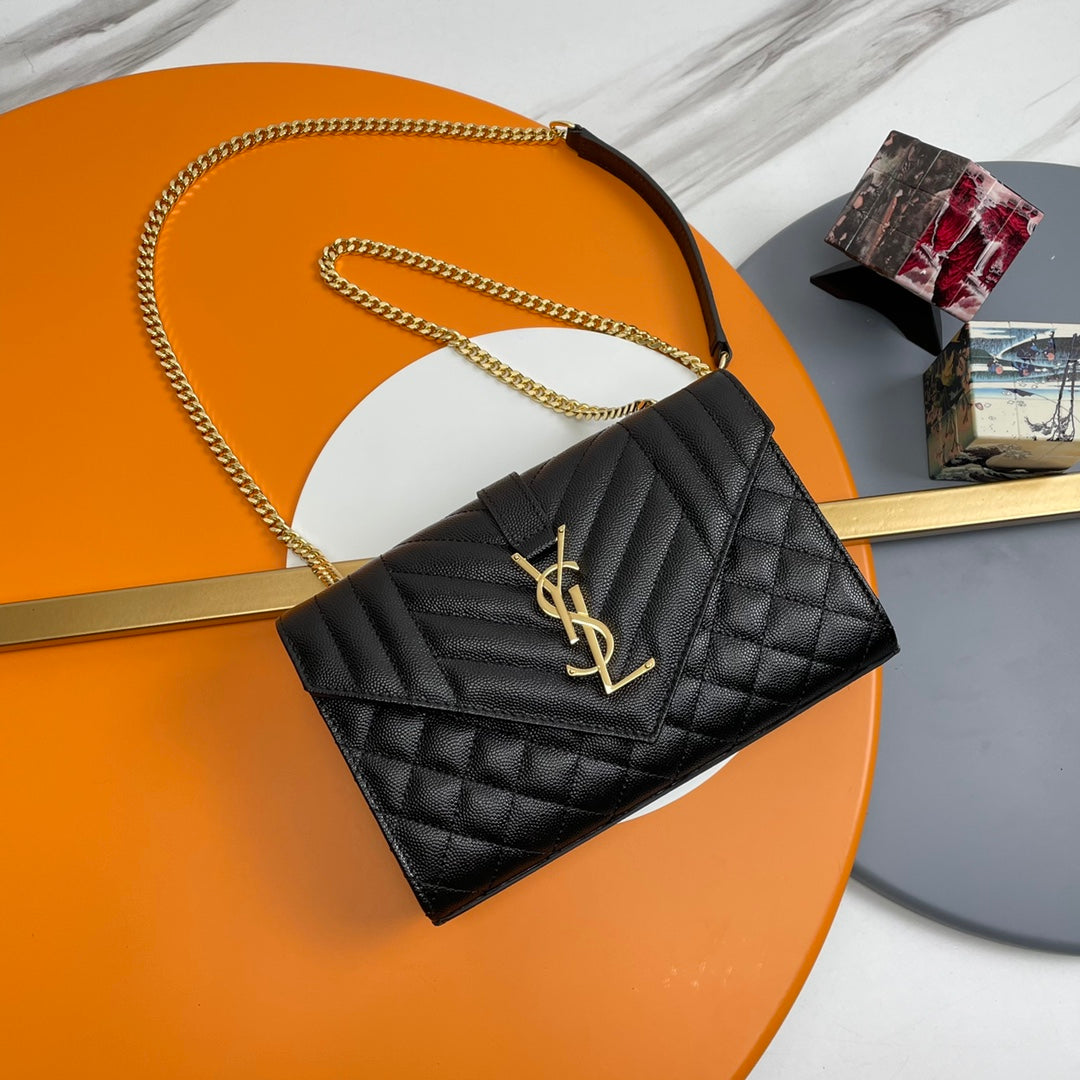 YSL Envelope Small Bag 21cm Black Embossed Leather 285980