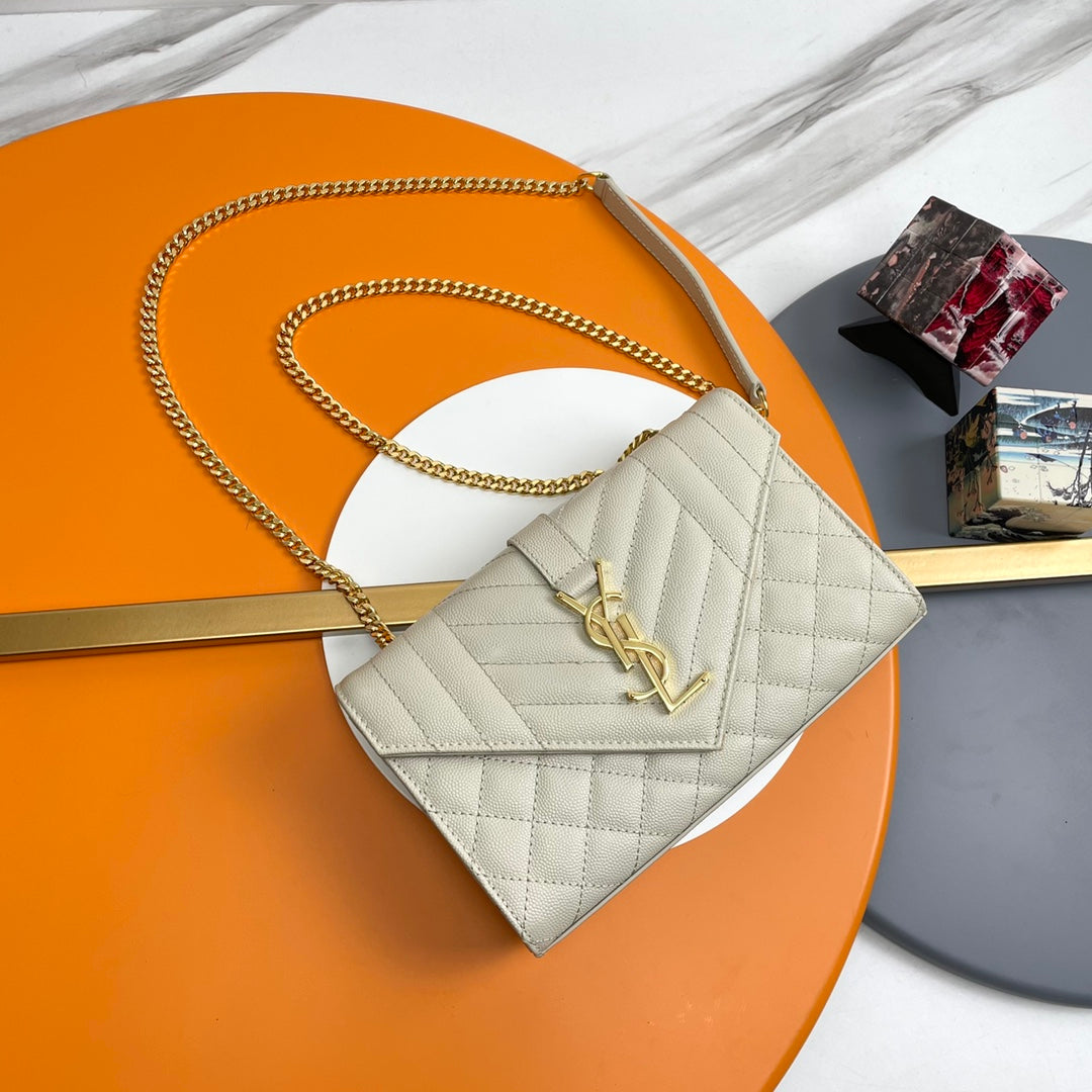 YSL Envelope Small Bag 21cm Light Taupe Embossed Leather 285989