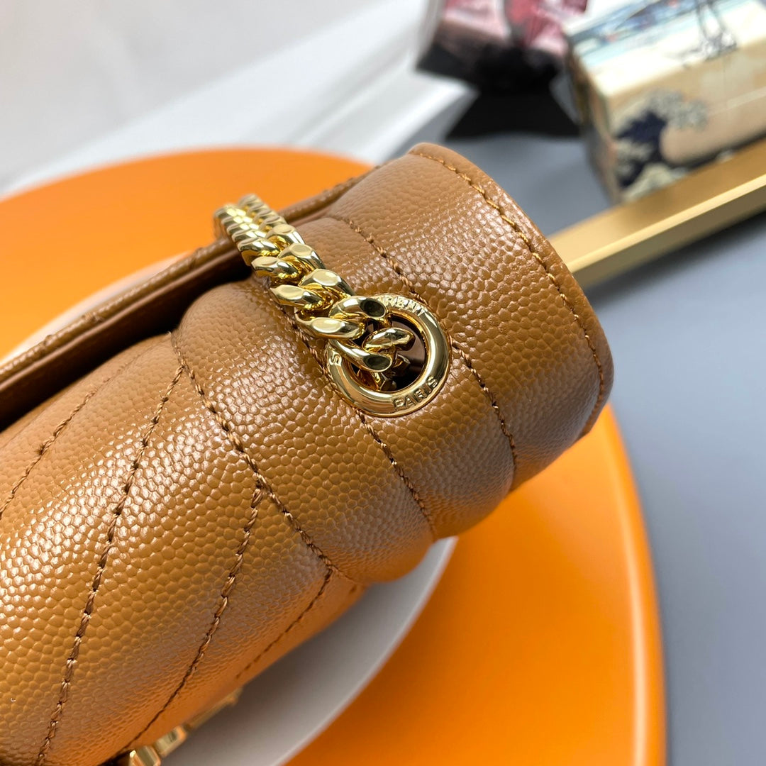 YSL Envelope Small Bag 21cm Brown Embossed Leather 285998
