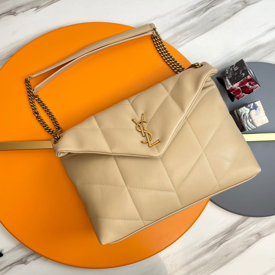 YSL Loulou Puffer Medium Bag 35cm Beige Glossy Leather