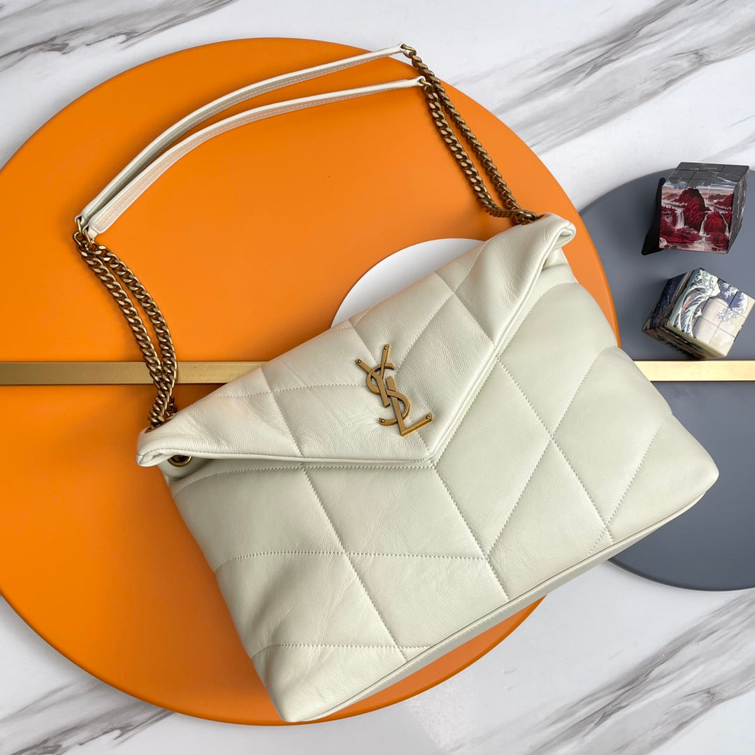 YSL Loulou Puffer Medium Bag 35cm White Glossy Leather