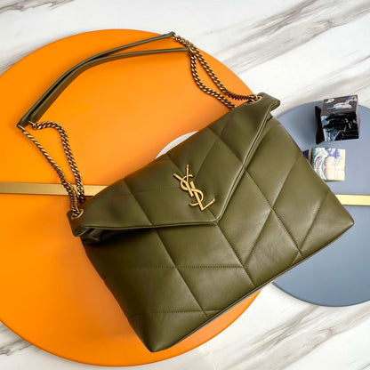 YSL Loulou Puffer Medium Bag 35cm Olive Green Glossy Leather
