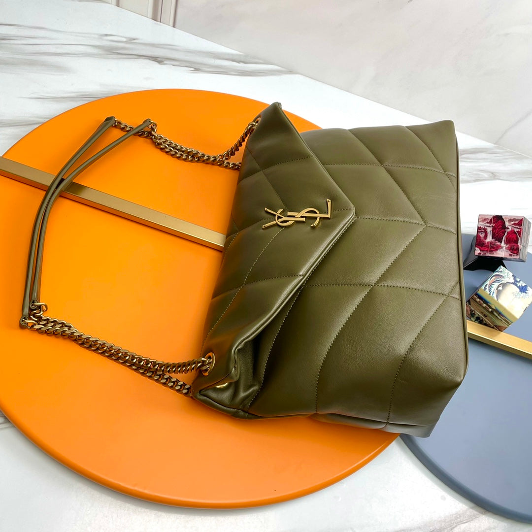 YSL Loulou Puffer Medium Bag 35cm Olive Green Glossy Leather