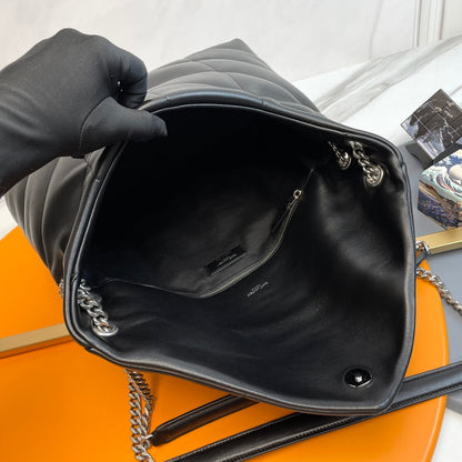 YSL Loulou Puffer Medium Bag 35cm Black Sliver Glossy Leather