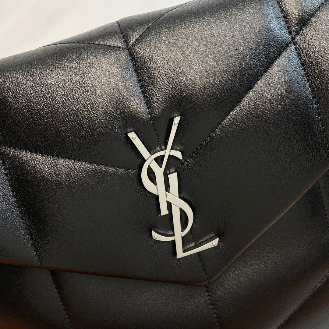 YSL Loulou Puffer Medium Bag 35cm Black Sliver Glossy Leather
