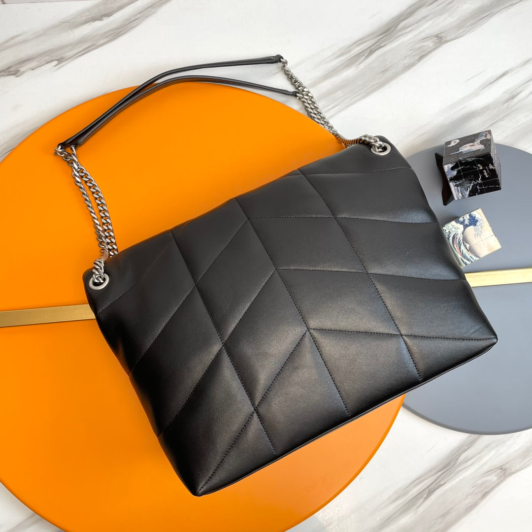 YSL Loulou Puffer Medium Bag 35cm Black Sliver Glossy Leather