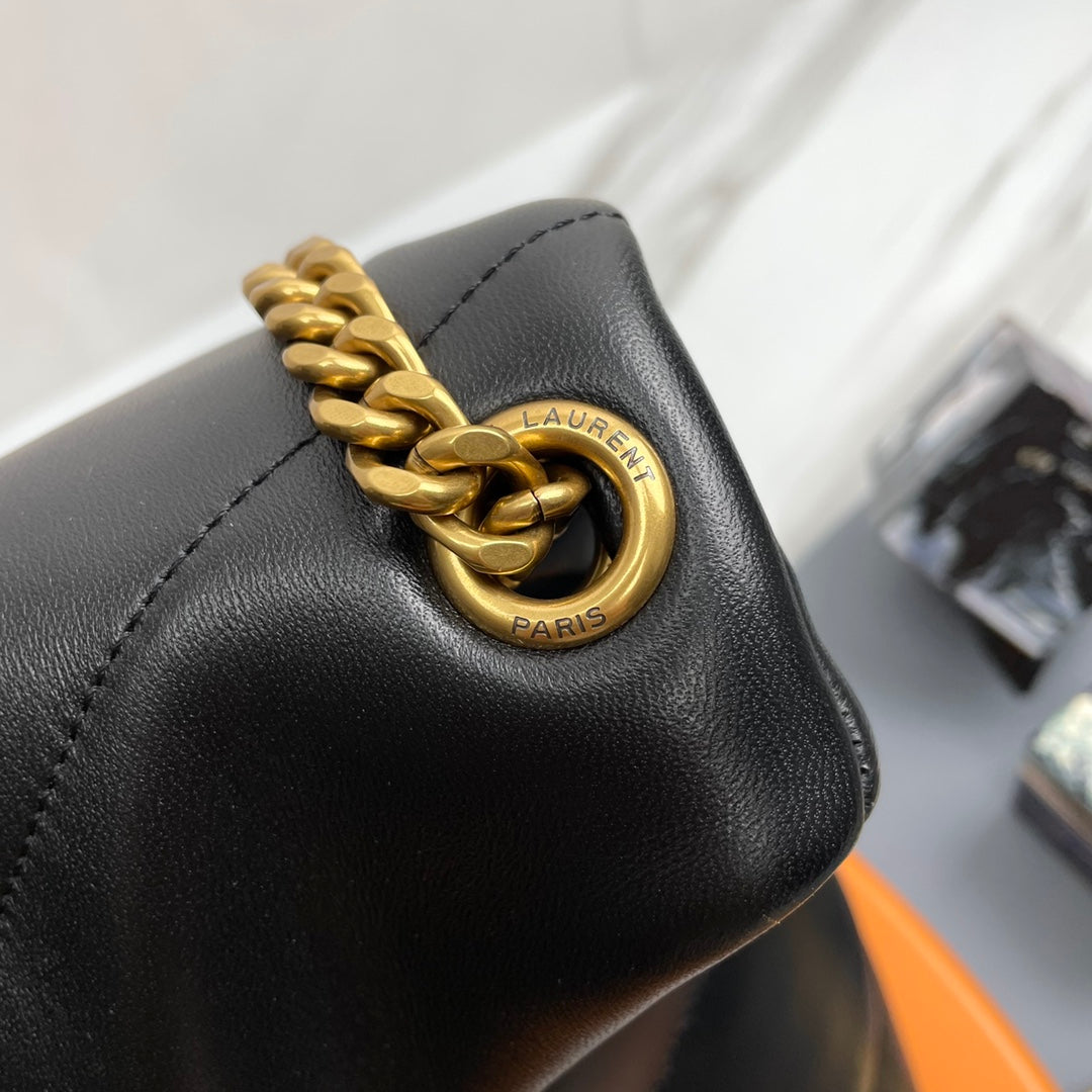 YSL Loulou Puffer Medium Bag 35cm Black Gold Glossy Leather