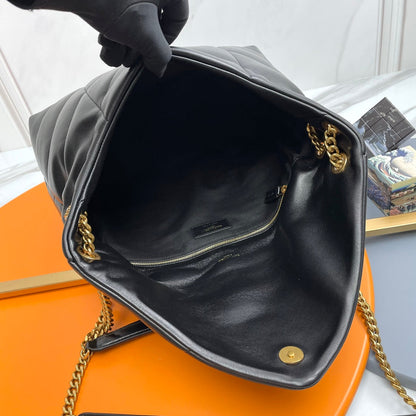 YSL Loulou Puffer Medium Bag 35cm Black Gold Glossy Leather