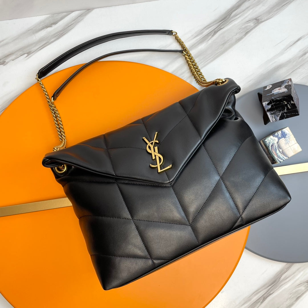 YSL Loulou Puffer Medium Bag 35cm Black Gold Glossy Leather
