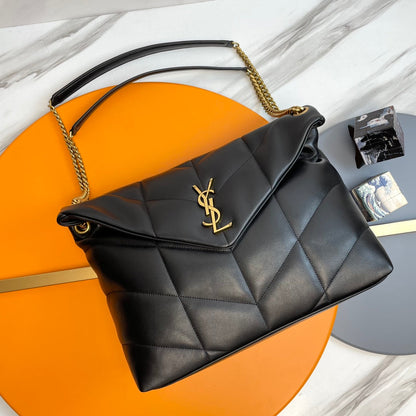 YSL Loulou Puffer Medium Bag 35cm Black Gold Glossy Leather