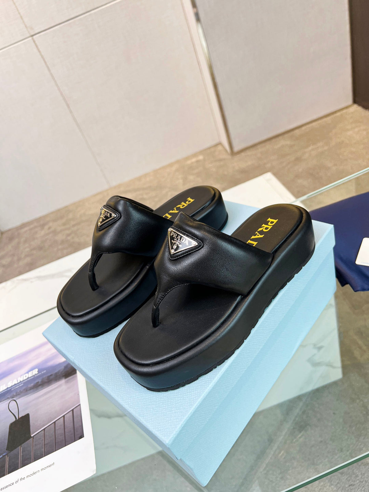 PRA SOFT PADDED NAPPA THONG WEDGE SANDALS BLACK LAMBSKIN