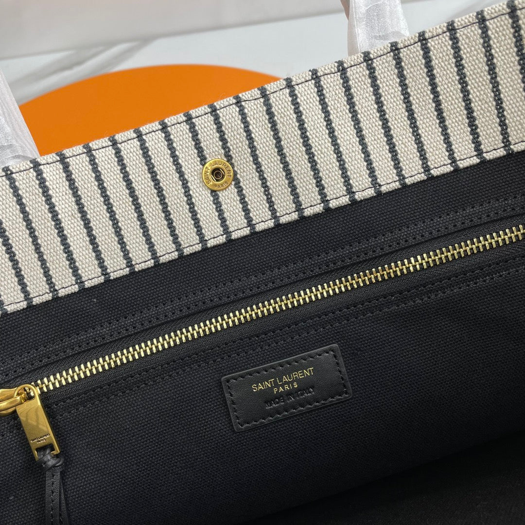 Rive Gauche Tote Ivory Black Canvas Leather Trim 286033